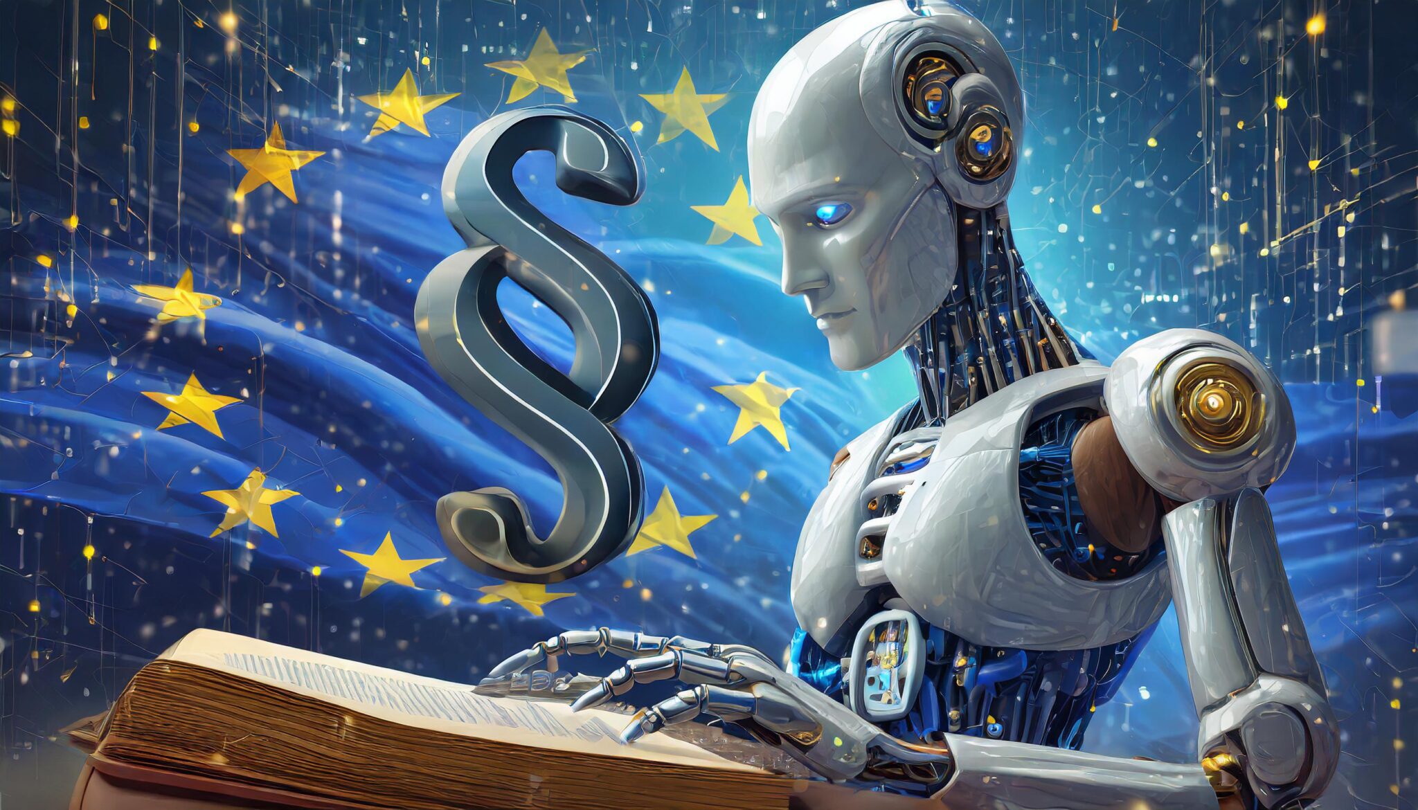 KI Roboter liest Gesetzestext vor europäischer Flagge