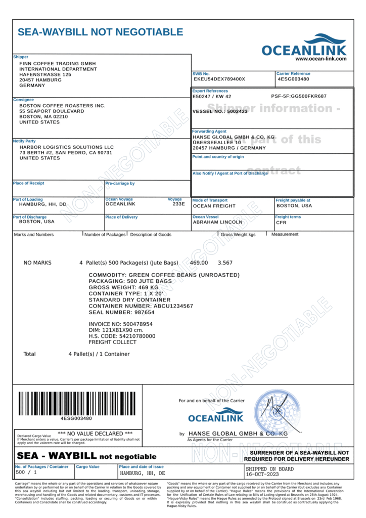 ootb 04 sw 09 SD Sea Waybill Transportdokument