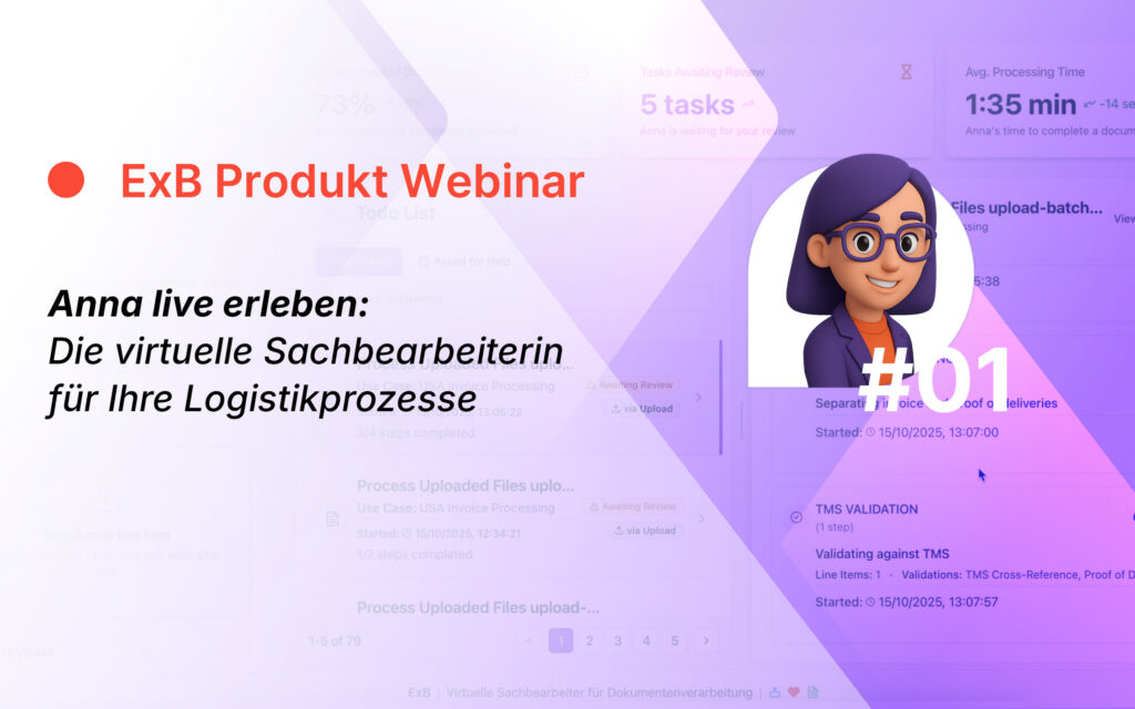 Zu sehen ist Anna, die virtuelle Sachbearbeiterin von ExB, vor violettem Hintergrund und Text "ExB Produkt Webinar – Anna live erleben: Die virtuelle Sachbearbeiterin für Ihre Logistikprozesse, 21.01.2026, 11-11:30 Uhr"