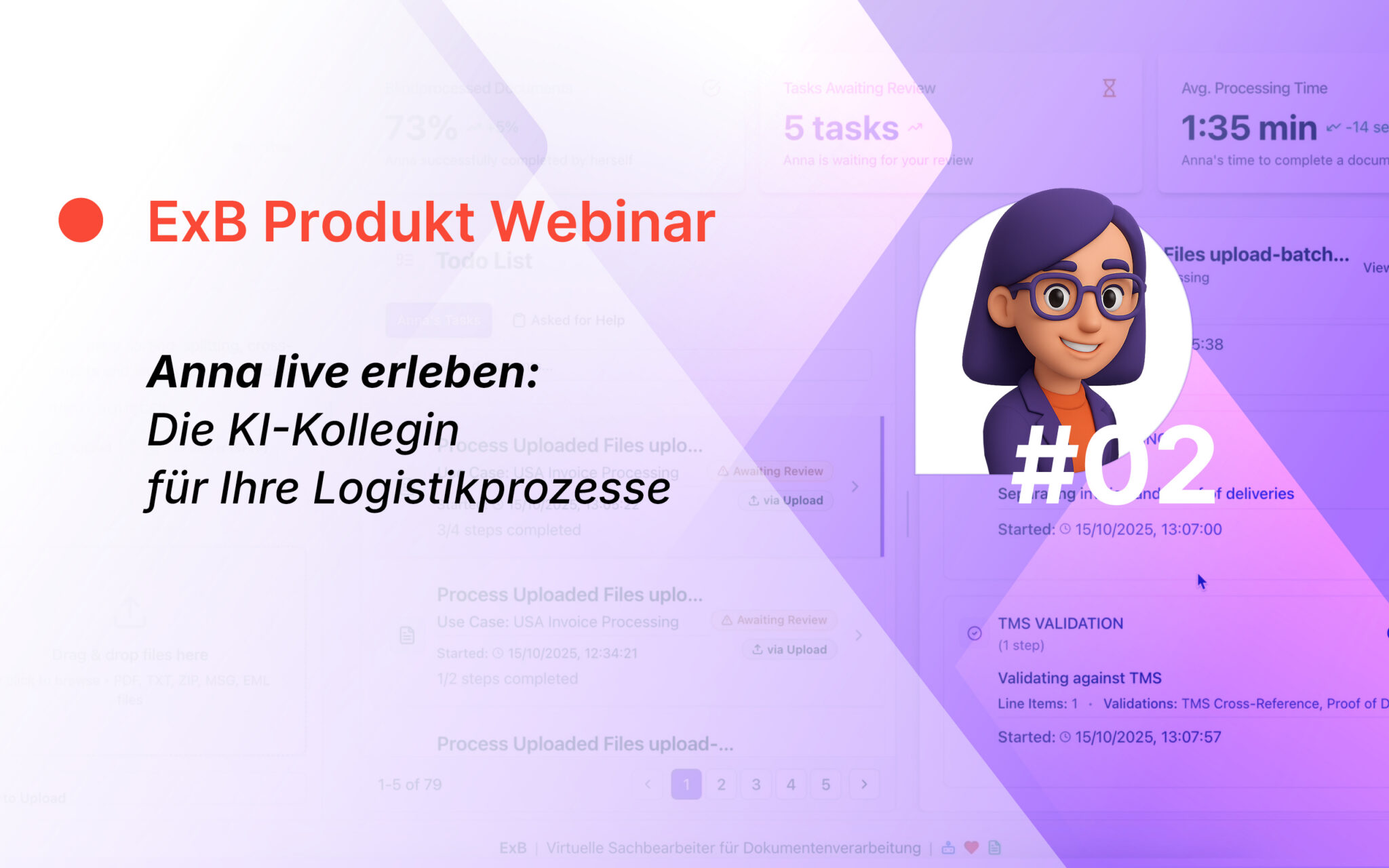 Zu sehen ist Anna, die virtuelle Sachbearbeiterin von ExB, vor lilanem Hintergrund und Text "ExB Produkt Webinar – Anna live erleben: Die KI-Kollegin für Ihre Logistikprozesse"